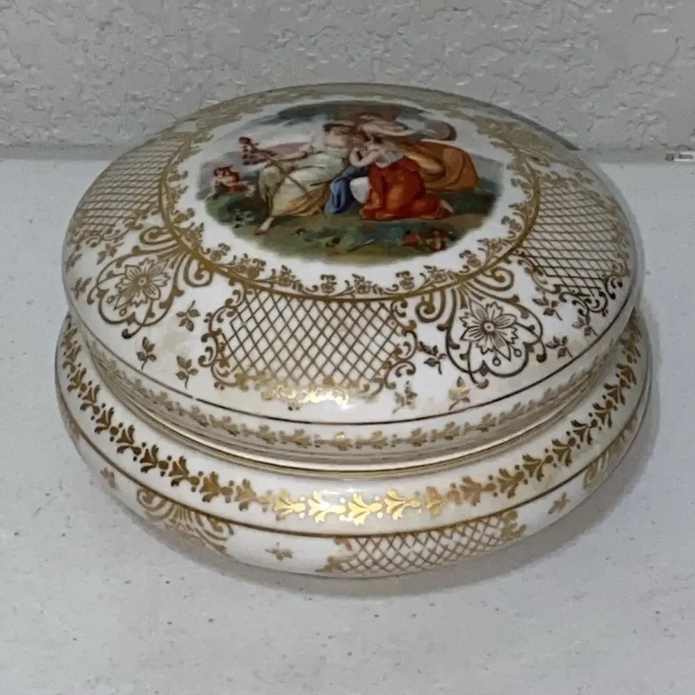 Vintage Victoria Czechoslovakia China Bowl Trinket Vanity Makeup Dish W/ Top Lid